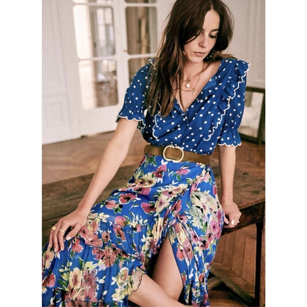 Sezane skirt Carmella blue ruffle floral maxi skirt high slit flamenco wrap
